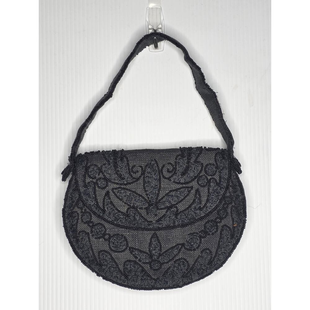 Vintage Saks Fifth Avenue Beaded Handbag Made In Belgium Black Floral Clutch